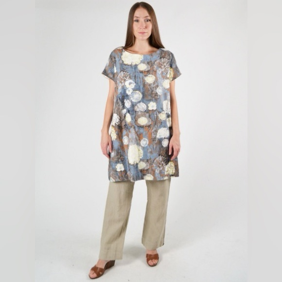 Brynn Walker Ansel Tunic Dress Burdock Blue Floral Linen Blend size S Lagenlook - Picture 7 of 16